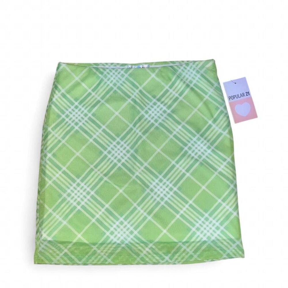 Popular 21 Women's Neon Green and White Plaid Preppy Sexy Skirt SZ M NWT